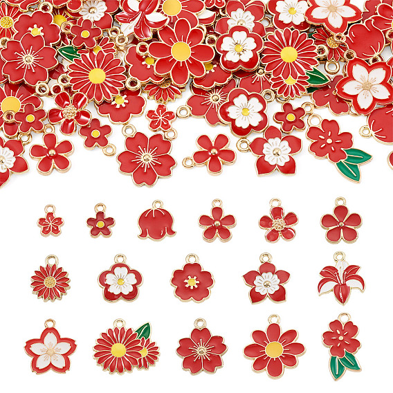 64 piezas 16 estilos colgantes de aleación de esmalte, encantos de la flor, dorado