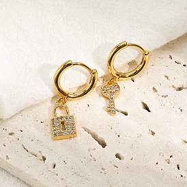 Boucles d'oreilles classiques en laiton avec clé et serrure avec placage en or k - bijoux de style européen