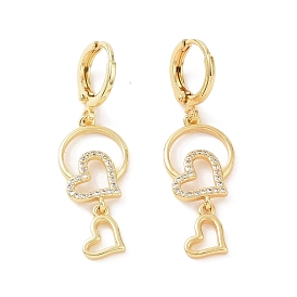Clear Cubic Zirconia Hollow Out Heart Dangle Hoop Earrings, Brass Jewelry for Women