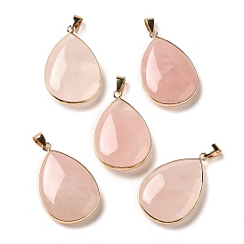 Natural Rose Quartz Pendents, Brass Teardrop Charms with Iron Snap on Bails
