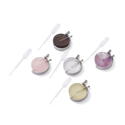 Rotatable Natural Quartz Perfume Bottle Pendants, with 304 Stainless Steel Findings and Plastic Transfer Pipettes, Long-Lasting Plated, Flat Round