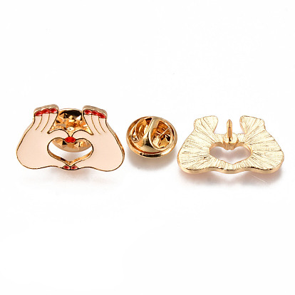 Alloy Enamel Brooches, Enamel Pin, with Brass Butterfly Clutches, Gesture for Finger Heart, Light Gold, Cadmium Free & Nickel Free & Lead Free