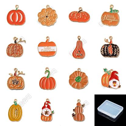 30Pcs 15 Styles Thanksgiving Day Golden Tone Alloy Enamel Pendants, Pumpkin