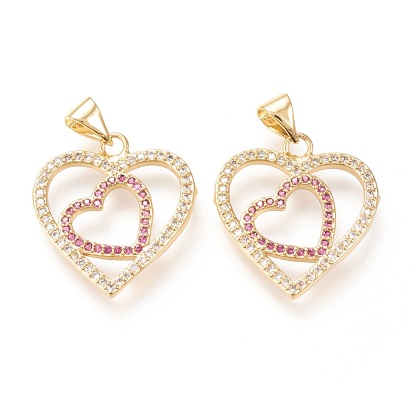 Brass Micro Pave Clear Cubic Zirconia Pendants, Long-Lasting Plated, Double Heart, Colorful