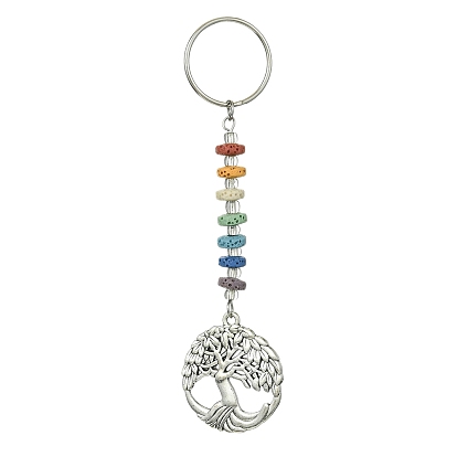 7Pcs Chakra Natural Lava Rock & Alloy Tree of Life Pendant Keychain Kit, with Iron Split Key Rings