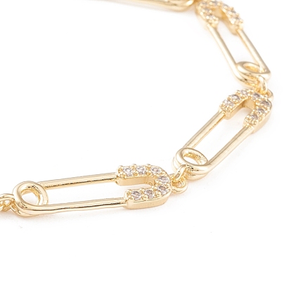 Brass Micro Pave Clear Cubic Zirconia Link Bracelets, with Lobster Claw Clasps, Long-Lasting Plated, Safety Pin Shape