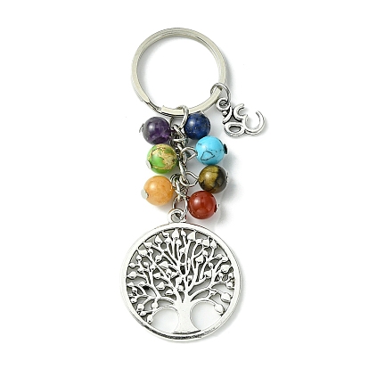 7 Chakra Gemstone Bead Pendant Keychain with Tibetan Style Alloy Tree of Life Charm, for Car Key Bag Ornament
