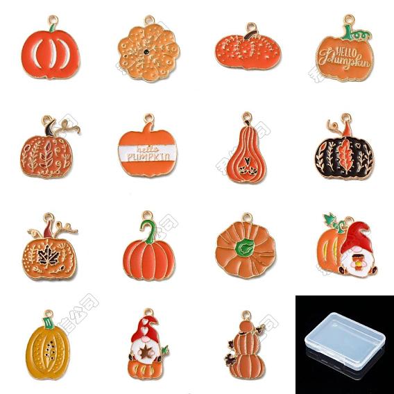 30Pcs 15 Styles Thanksgiving Day Golden Tone Alloy Enamel Pendants, Pumpkin