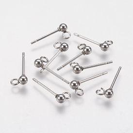 202 Stainless Steel Ball Stud Earring Findings, with 304 Stainless Steel Pins and Loop, Round