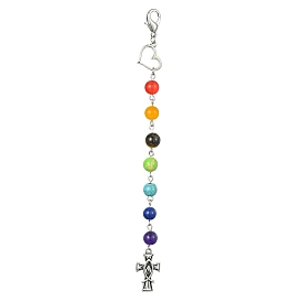 Décorations de pendentif en alliage de croix et de cœur crucifix, Chakra perles de pierres naturelles et synthétiques mélangées et breloques fermoirs à pince de homard