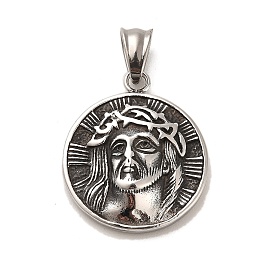 304 Stainless Steel Pendants, Flat Round with Jesus Charms