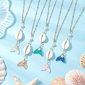 Ожерелья с подвеской в виде хвоста русалки из натуральной ракушки каури, стекла и жемчуга, 304 ожерелья-цепочки из нержавеющей стали для женщин, золотые