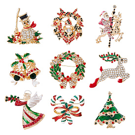9шт. 9 стили брошь-булавка со стразами на рождественскую тематику, с эмалированной нашивкой из сплава для рюкзака или одежды, разнообразные