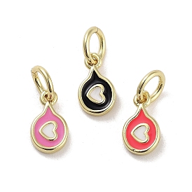 Rack Plating Brass Enamel Charms, with Jump Ring, Long-Lasting Plated, Cadmium Free & Lead Free, Flat Round with Heart, Real 18K Gold Plated