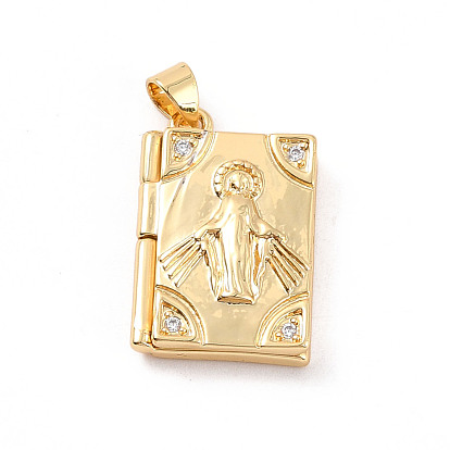 Rack Plating Brass Micro Pave Clear Cubic Zirconia Locket Pendants, Cadmium Free & Lead Free, Religion, Rectangle with Virgin Mary