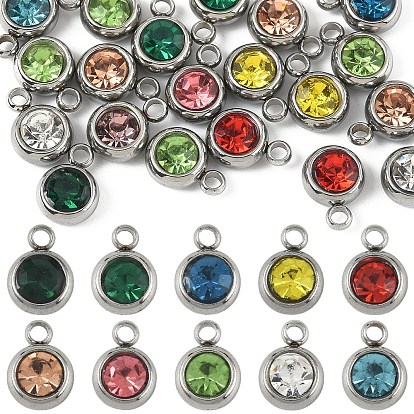 20Pcs 303 Stainless Steel Rhinestone Charms, Birthstone Necklace Charms, Flat Round, Stainless Steel Color