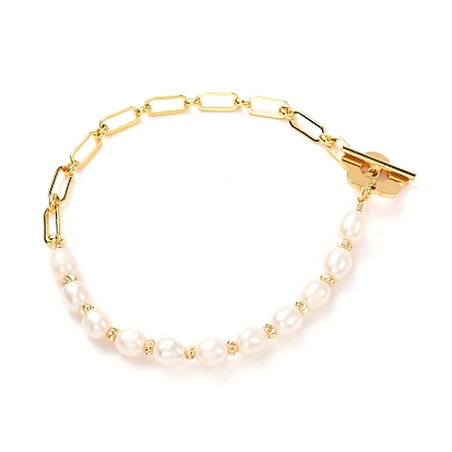 Natural Pearl Beaded Bracelets for Girl Women Gift, Flower Toggles Clasps Brass Figaro Chain Bracelet