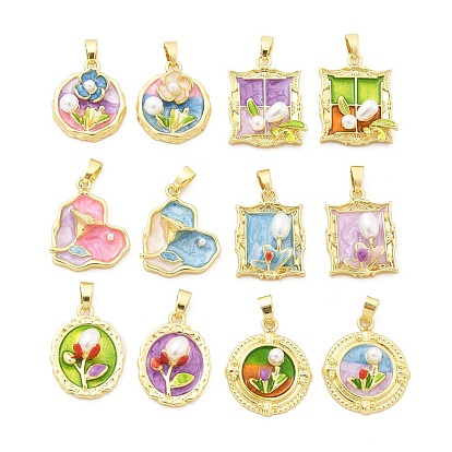 Латунь эмаль подвески, с абс пластмассовой имитационной жемчужиной, долговечный, без кадмия и без свинца, стойки покрытие, реальный 18 k позолоченный, цветок