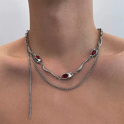 304 Colliers double couche pour hommes avec pendentif en acier inoxydable et alliage orné de strass, platine et la couleur de l'acier inoxydable