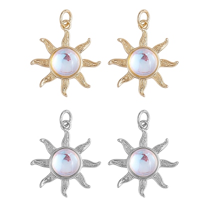 4Pcs 2 Colors Glass Pendants, with Brass Findings and Jump Ring, Sun