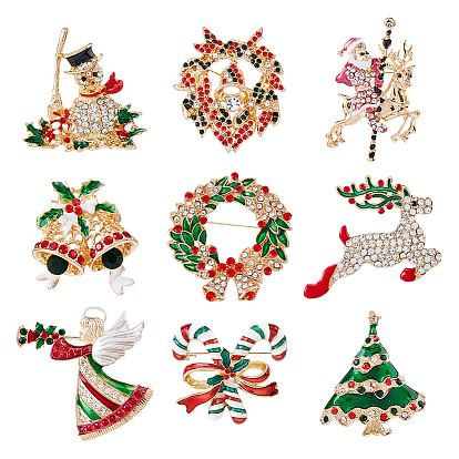 9шт. 9 стили брошь-булавка со стразами на рождественскую тематику, с эмалированной нашивкой из сплава для рюкзака или одежды, разнообразные