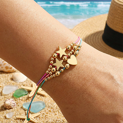 Регулируемый многослойный браслет из латуни в форме звезды и сердца с бусинами для женщин.
