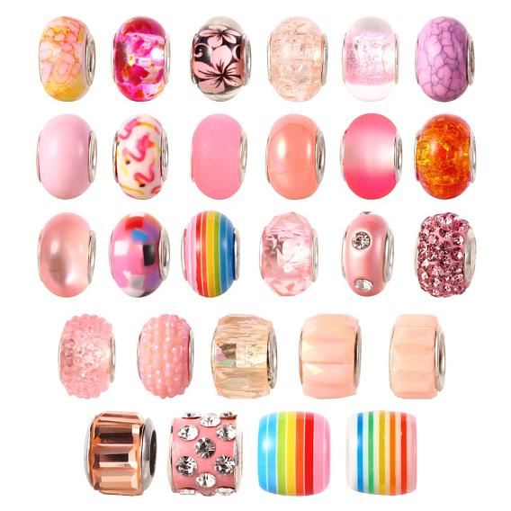 Европейские бусины из акрила, смолы и полимерной глины со стразами, бусины с большим отверстием, с основной цвет серебристый, рондель