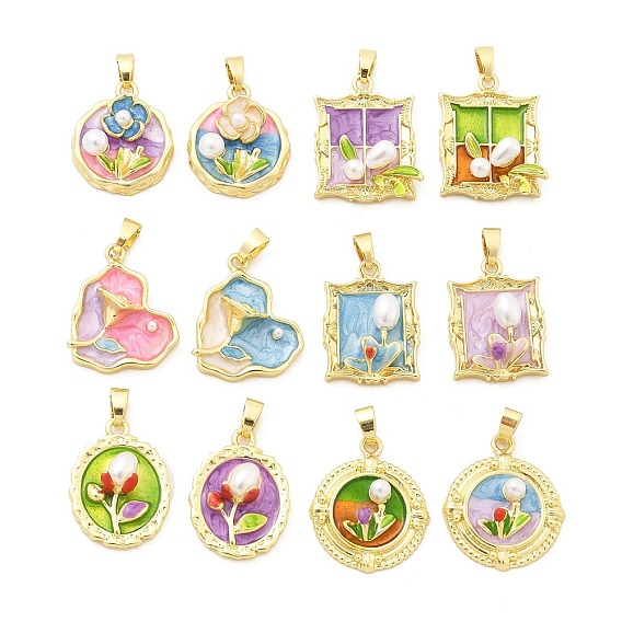 Латунь эмаль подвески, с абс пластмассовой имитационной жемчужиной, долговечный, без кадмия и без свинца, стойки покрытие, реальный 18 k позолоченный, цветок