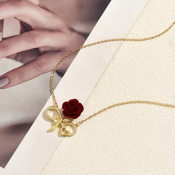 Colliers pendentifs vintage en acier inoxydable sertis de micro-pavés de zirconiums cubiques transparents en forme de rose, pour femmes, or