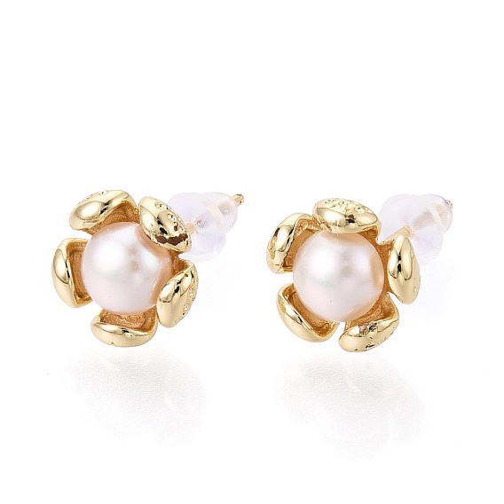 Серьги-гвоздики из латуни и натурального жемчуга, цветок