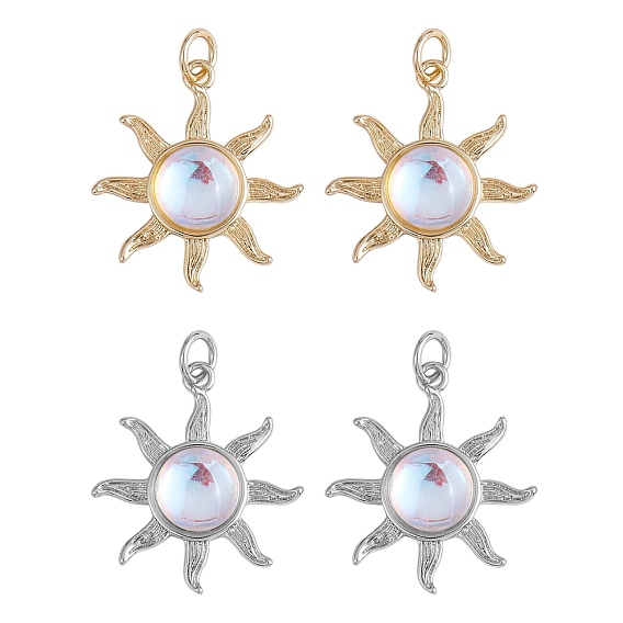 4Pcs 2 Colors Glass Pendants, with Brass Findings and Jump Ring, Sun