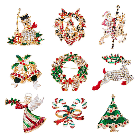9шт. 9 стили брошь-булавка со стразами на рождественскую тематику, с эмалированной нашивкой из сплава для рюкзака или одежды, разнообразные