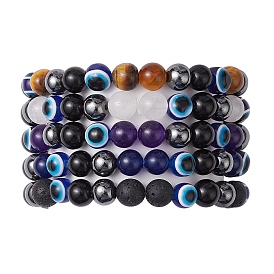 Round Gemstone Beaded Stretch Bracelets, Evil Eye Resin Beads Bracelets for Men