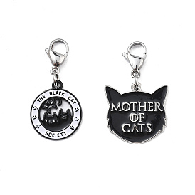 2Pcs Cat Alloy Enamel Pendant Decoration, with 316 Surgical Stainless Steel Lobster Claw Clasps