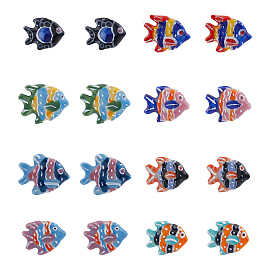 16Pcs 8 Colors Handmade Porcelain Beads, Hand Painted Ceramic Beads, Fish