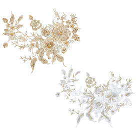 2 шт 2 цвета компьютерная вышивка полиэстер орнамент аксессуары, 3d цветочные кружевные аппликации, с имитацией жемчуга