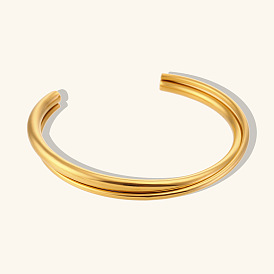 Minimalist Stainless Steel Double Layer Crossed Open Bangle with 18K Gold Plating