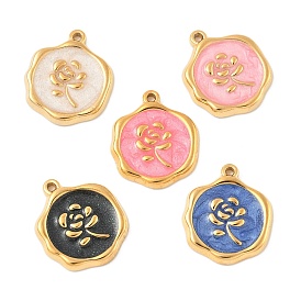 304 подвески из нержавеющей стали, с эмалью, плоская круглая с подвеской в виде цветка, реальный 18 k позолоченный