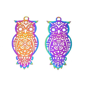Ion Plating(IP) 201 Stainless Steel Filigree Pendants, Etched Metal Embellishments, Owl