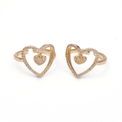 Adjustable Brass Micro Pave Clear Cubic Zirconia Cuff Rings, Open Rings, for Valentine's Day, Long-Lasting Plated, Heart