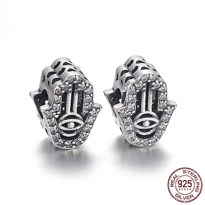 Cuentas europeas de plata esterlina huecas 925, abalorios de grande agujero, con circonita, con 925 sello, hamsa mano / mano de fatima / mano de miriam con mal de ojo