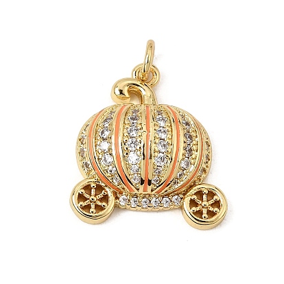 Brass Micro Pave Cubic Zirconia Pendants, with Orange Enamel, Pumpkin Cart Charms, Rack Plating, Long-Lasting Plated, Cadmium Free & Lead Free, Real 18K Gold Plated