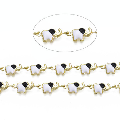 Brass Elephant Link Chains, with Enamel, Unwelded, Real 16K Gold Plated