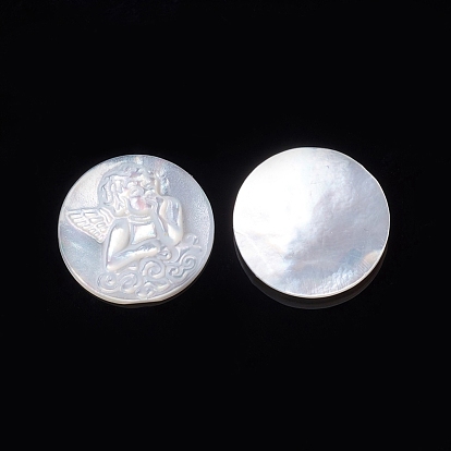 Natural White Shell Cabochons, Flat Round with Angel