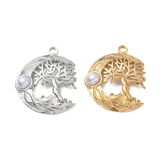 304 Stainless Steel Pendants, with Plastic Pearl Bead, Crescent Moon & Tree of Life Charms