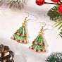 Christmas Glass & Alloy Dangle Earrings, Christmas Trees, with 304 Stainless Steel Earring Hooks, Golden