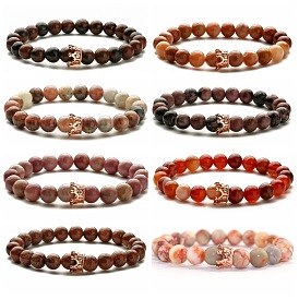 Minimalist Vintage Women's Agate Bracelet with Rose Gold Crown Charm and Elastic Beads
