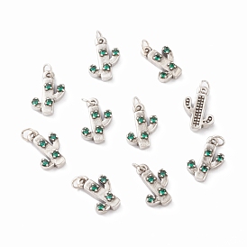 Brass Micro Pave Green Cubic Zirconia Charms, with Jump Rings, Long-Lasting Plated, Cactus