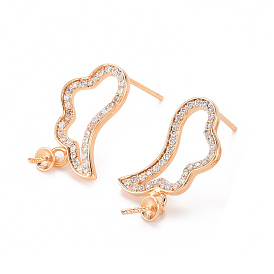 Brass Micro Pave Clear Cubic Zirconia Earring Findings, for Half Drilled Beads, with 925 Sterling Silver Pins, Nickel Free, Wing