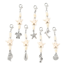 7Pcs Ocean Theme Synthetic Turquoise Pendant Decorations, with Tibetan Style Alloy Charms and Lobster Claw Clasps, Tortoise/Dolphin/Starfish